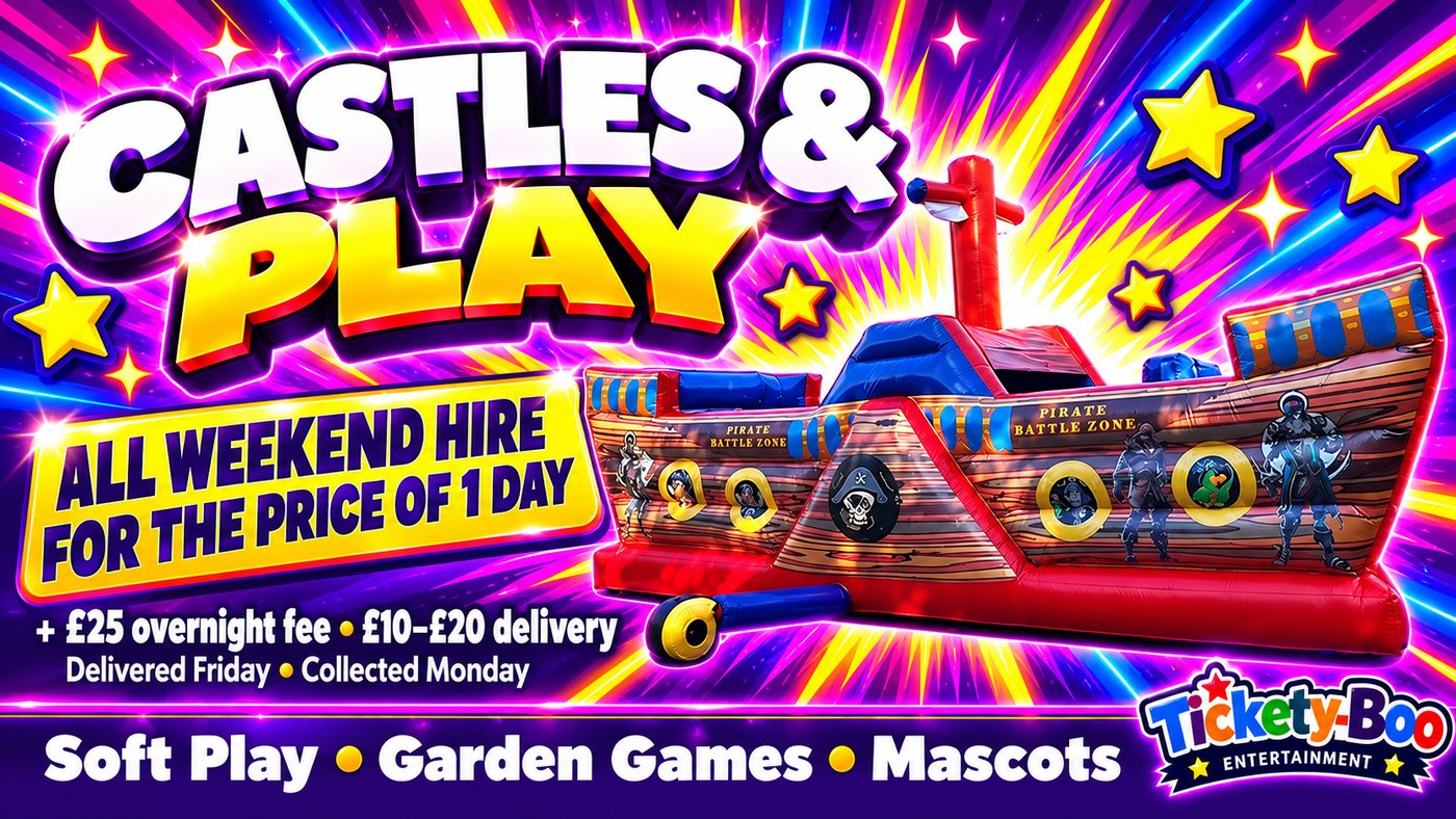 Tickety-Boo pirate ship bouncy castle - all weekend hire for the price of one day, delivered Friday and collected Monday