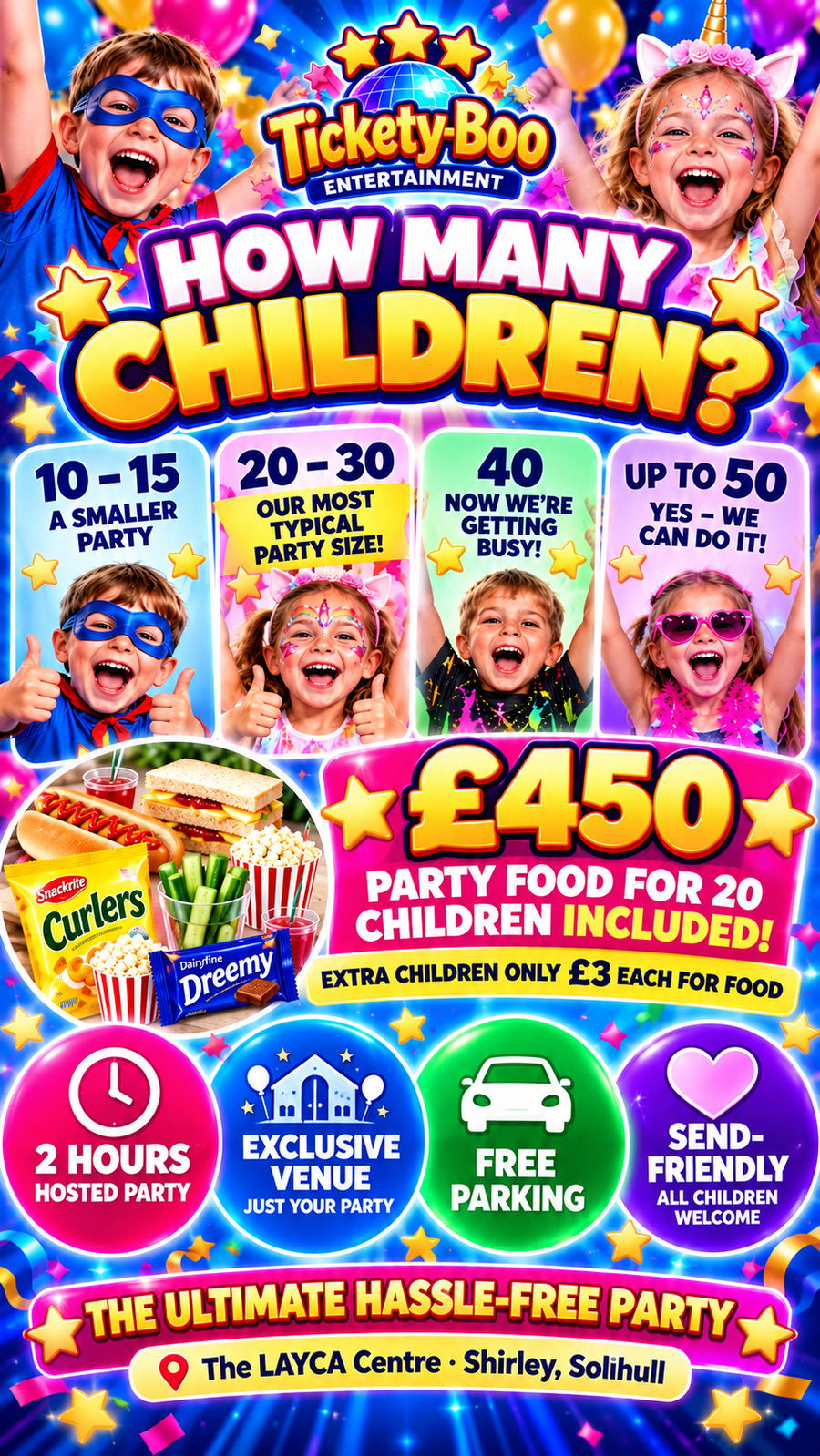Ultimate Party pricing: £450 includes party food for 20 children, £3 for each additional child, up to 50 children welcome